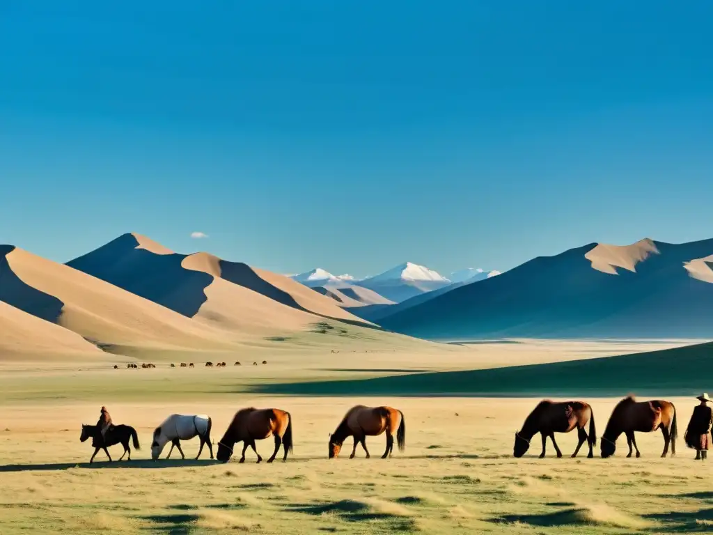 Panorámica de la estepa mongol con pastores yurtas, reflejando la influencia del Tengrismo en religiones