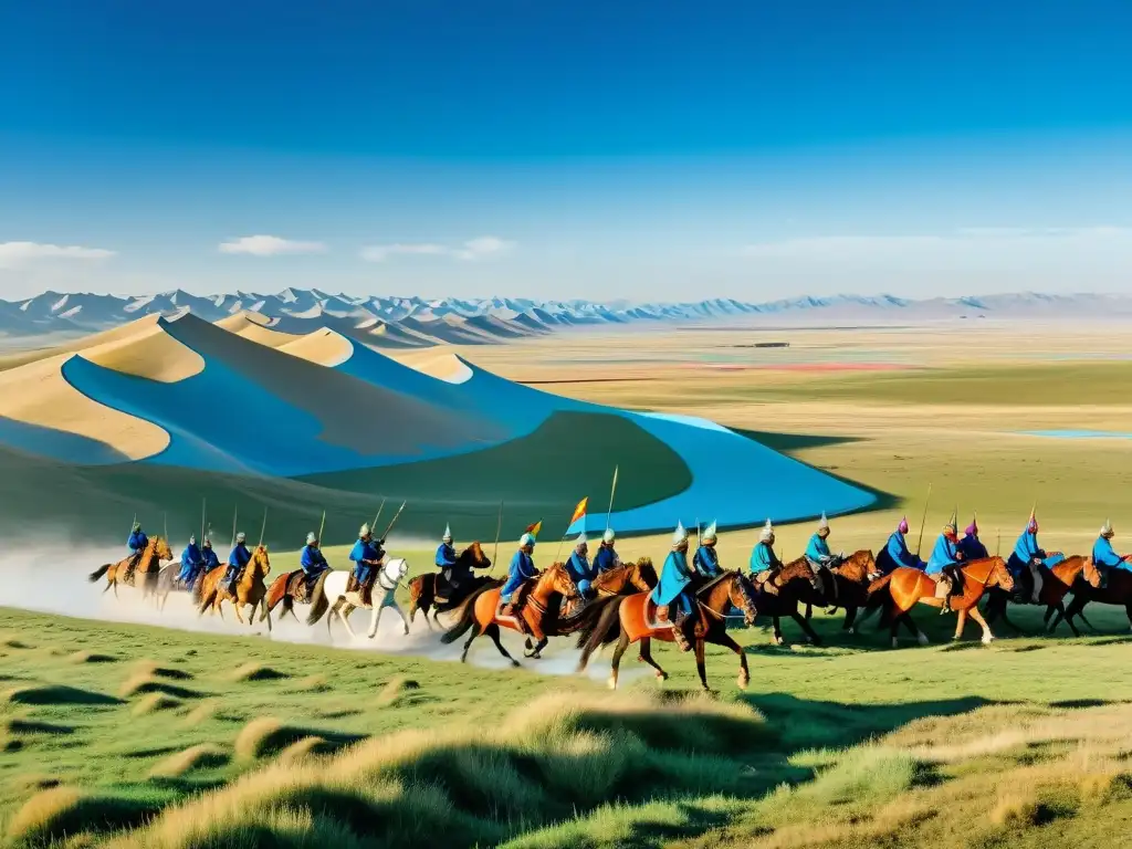 Panorámica del poderoso Imperio Mongol, con guerreros a caballo y vastas estepas