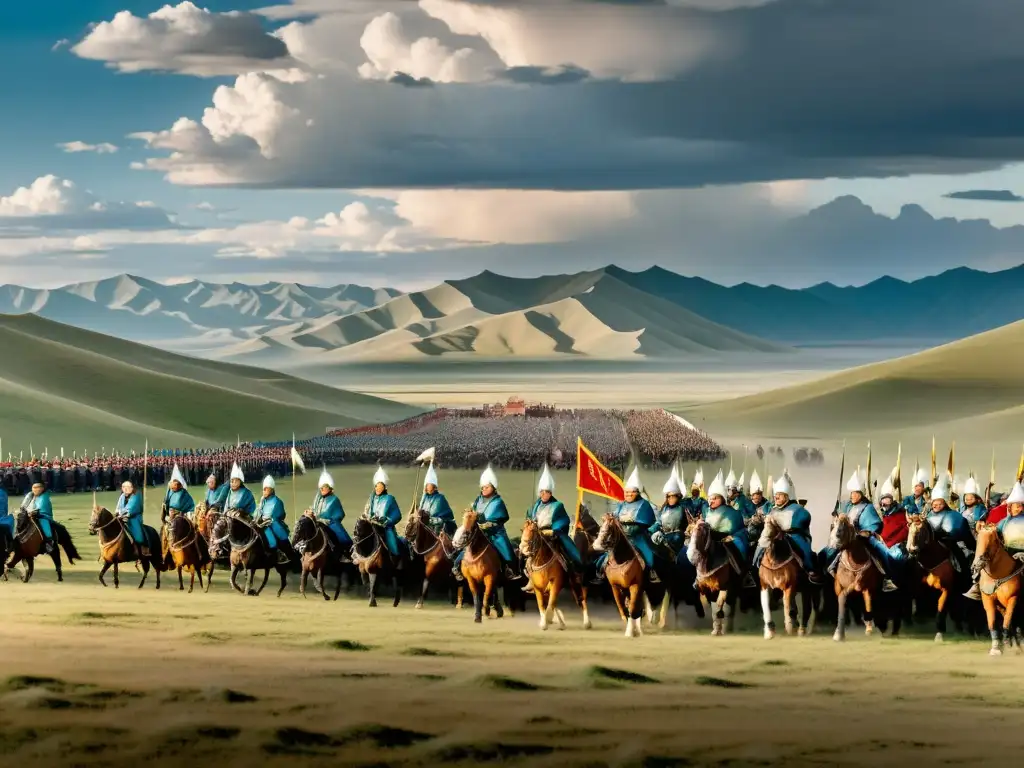 Panorámica del poderoso Imperio Mongol en la Ruta de la Seda, con un imponente ejército a caballo y paisajes icónicos