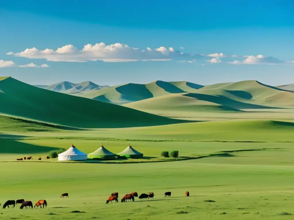 Panorámica de las praderas de Mongolia, con colinas verdes y caballos pastando