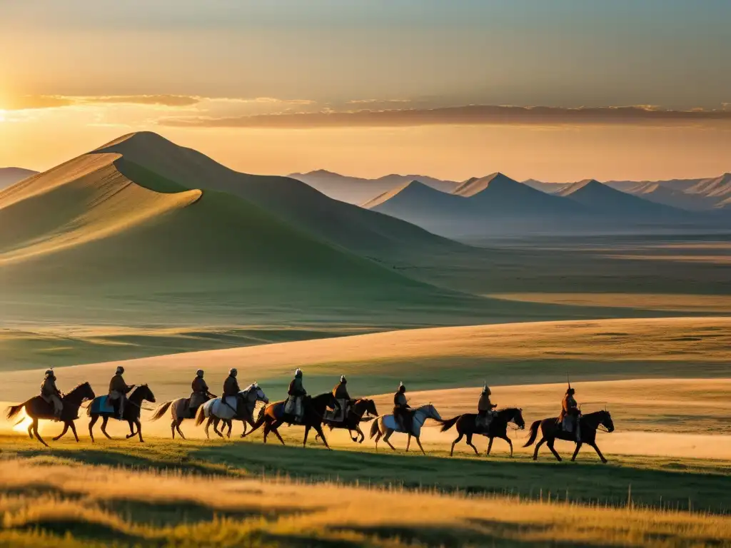 Panorámica de la estepa rusa al atardecer, con guerreros mongoles a caballo y yurtas