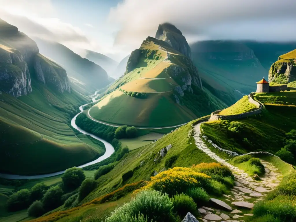 Panorámica de una ruta comercial remota del Imperio Mongol, rodeada de montañas escarpadas y vegetación exuberante en la niebla