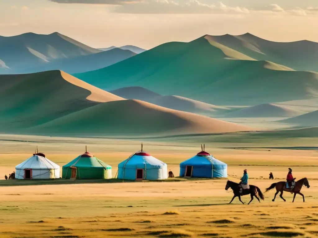 Panorámica de la estepa mongol con yurta tradicional y mensajeros a caballo, destacando la importancia del sistema de correos mongol