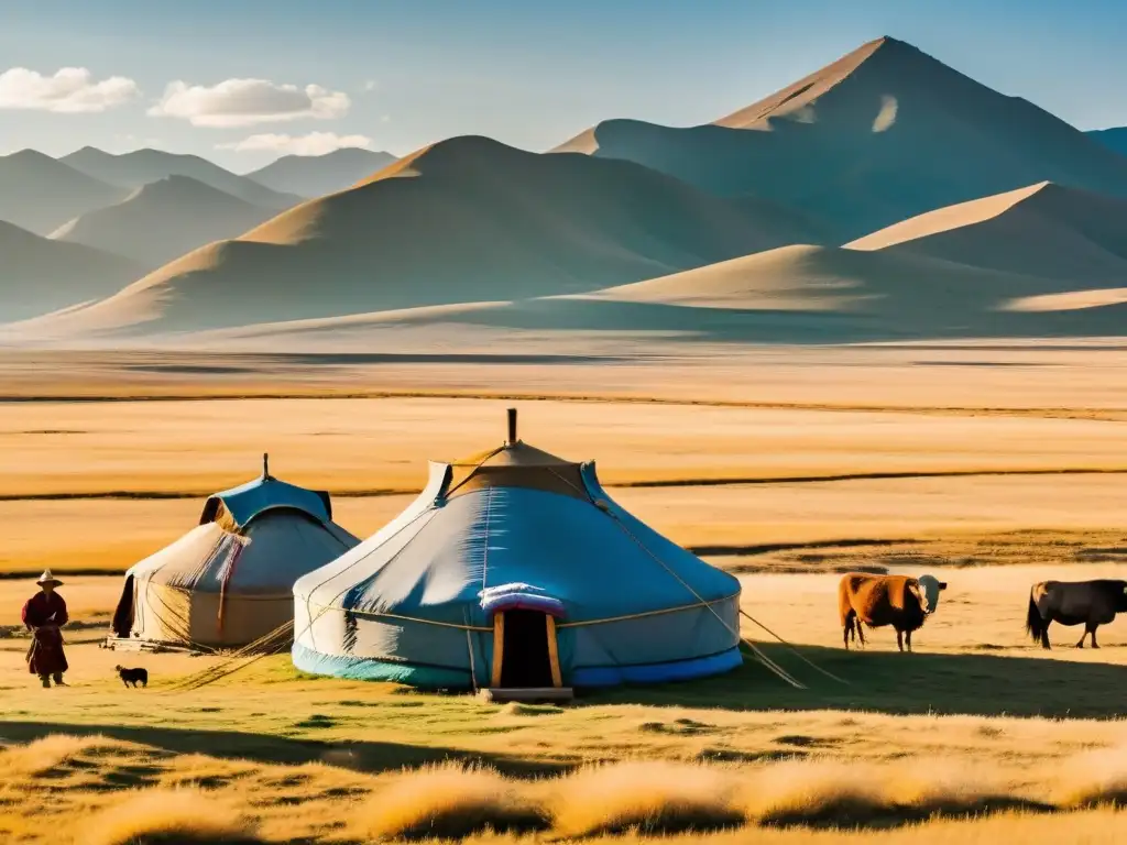 Panorámica de la estepa mongol con yurta tradicional, pastores, montañas al fondo y métodos de almacenamiento de alimentos en Mongolia