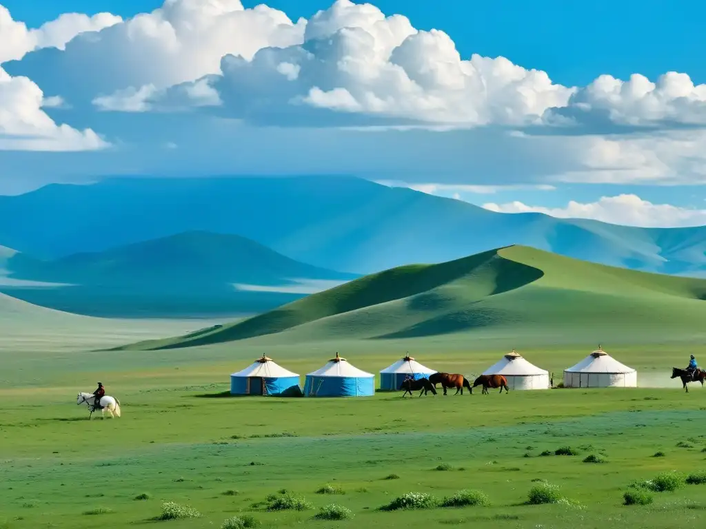 Panorámica de la vasta estepa mongola, yurtas, caballos y un cielo azul brillante