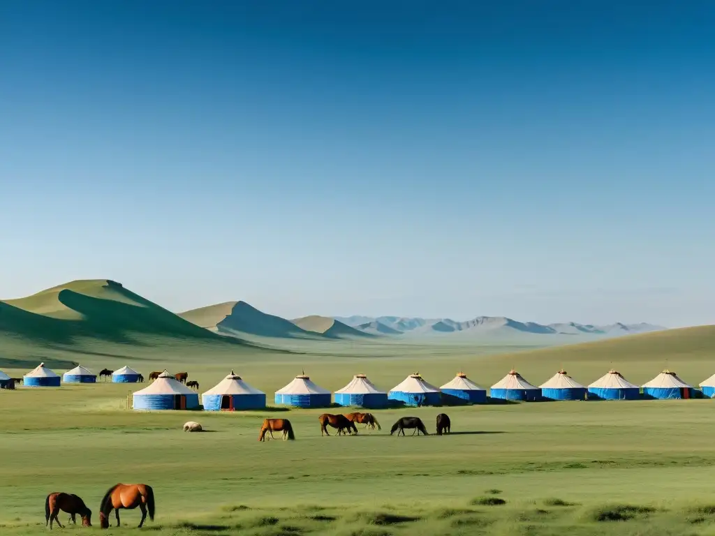 Panorámica de la vasta estepa mongola, con caballos salvajes pastando y yurtas nómadas