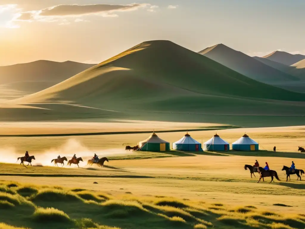 Panorámica de la vasta estepa mongola con guerreros montados yurtas dispersas, evocando el legado del Imperio Mongol