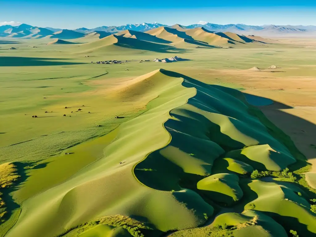 Panorámica de la vasta estepa de Mongolia con caza y fauna en Mongolia, paisaje natural de colinas ondulantes y montañas distantes bajo cielo azul