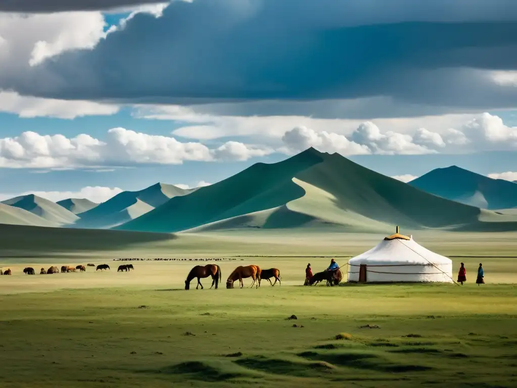 Panorámica de la vasta estepa mongola con nubes dramáticas y una familia nómada cuidando su manada de caballos