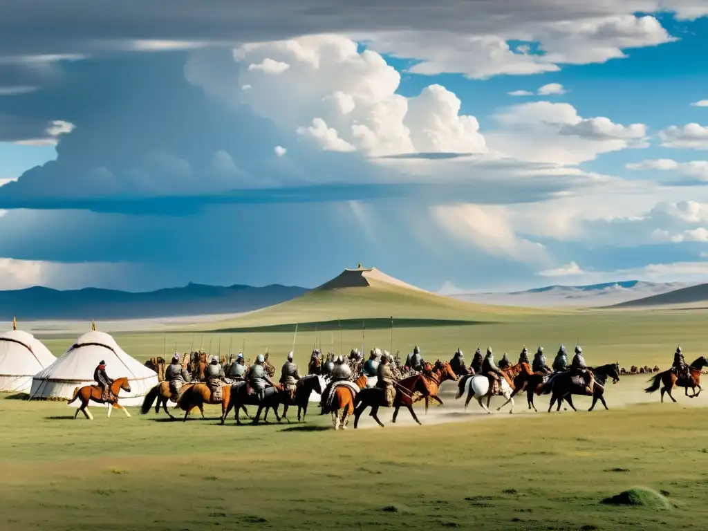 Panorámica del vasto Imperio Mongol en Asia, con guerreros a caballo listos para la batalla en la estepa