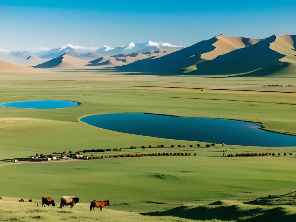 Vida nómada y moderna en la vasta Mongolia Panorámica del vasto paisaje mongol, con pastizales, montañas y nómadas cuidando ganado