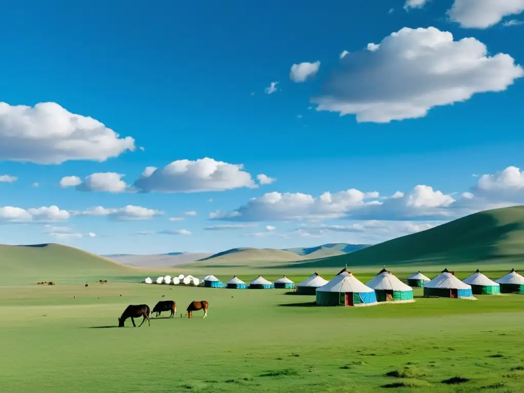 Panorámica de la estepa mongola, con verdes colinas hasta el horizonte, yurtas tradicionales dispersas