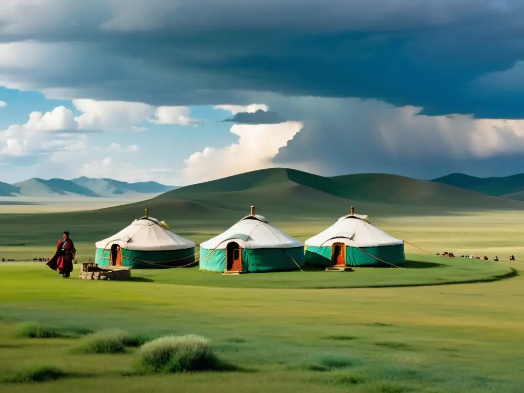 Panorámica de la estepa mongol con yurtas tradicionales y gente vestida de forma colorida, reflejando la administración de justicia en Imperio Mongol