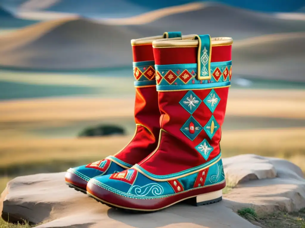 Un par de botas mongolas bellamente bordadas en rojo y dorado, con patrones tradicionales que representan la cultura nómada