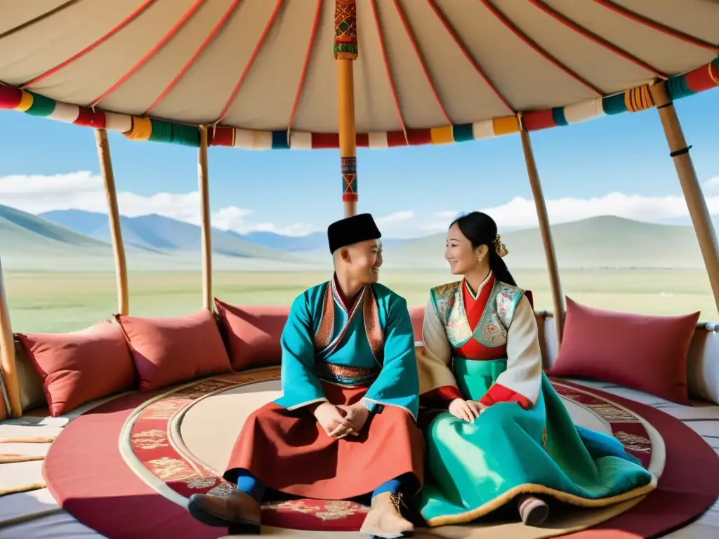 Una pareja en trajes de boda mongol en una yurta, rodeada de elementos simbólicos y un paisaje mongol