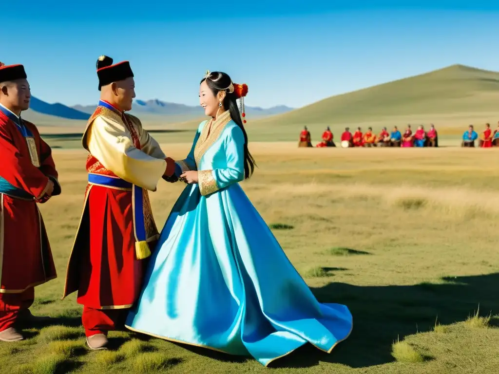 Una pareja intercambia votos en una boda tradicional mongola, rodeada de familia y amigos, mientras músicos tocan instrumentos