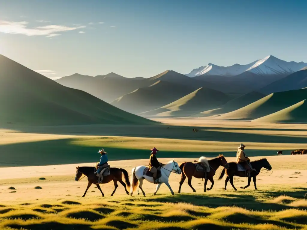 Pastizales mongolas extensos con ganado pastando, un pastor nómada cuida caballos, yurt tradicional al fondo