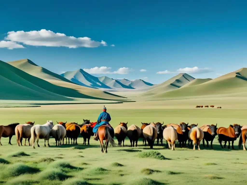 Pastor mongol a caballo cuidando ganado en las vastas estepas, reflejando la conexión con la agricultura en las Estepas Mongoles