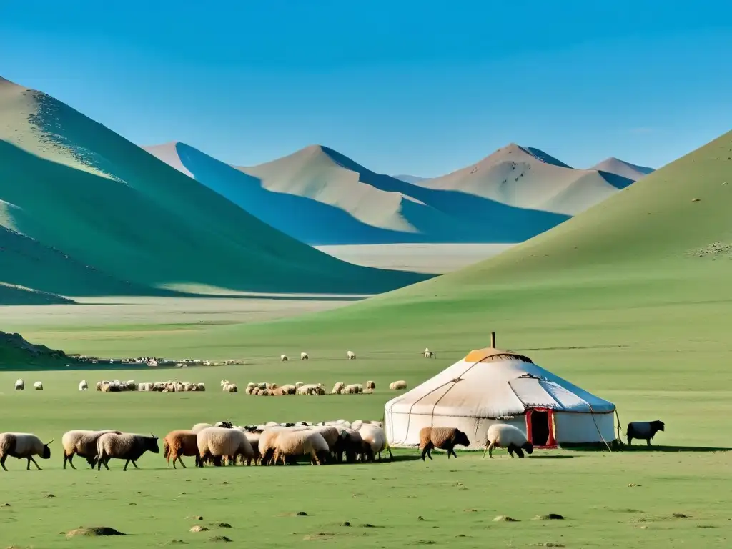 Pastor mongol con rebaño yurta en la estepa, muestra adaptabilidad mongola trabajo remoto