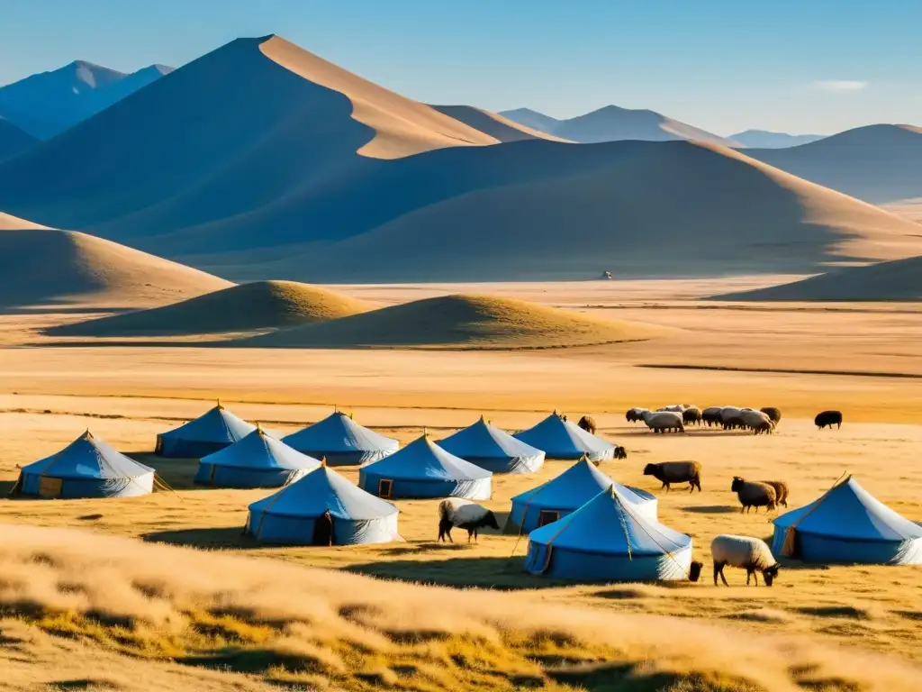 Un pastor mongol cuida su rebaño de ovejas en la vasta estepa mongol, con tiendas ger tradicionales y un hermoso paisaje