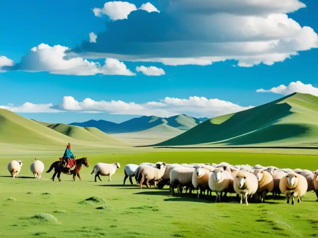 Un pastor mongol cuida su rebaño en las vastas tierras verdes de Mongolia