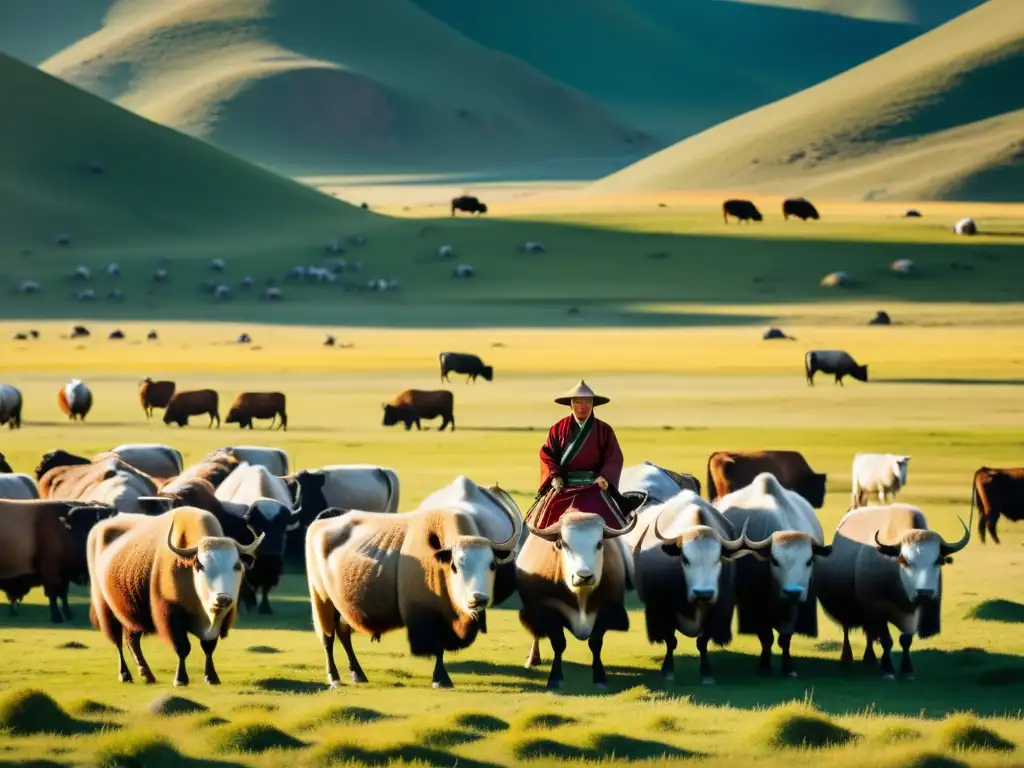 Pastor mongol cuidando de un rebaño de yaks en las vastas estepas, mostrando la convivencia de los mongoles con especies en armonía