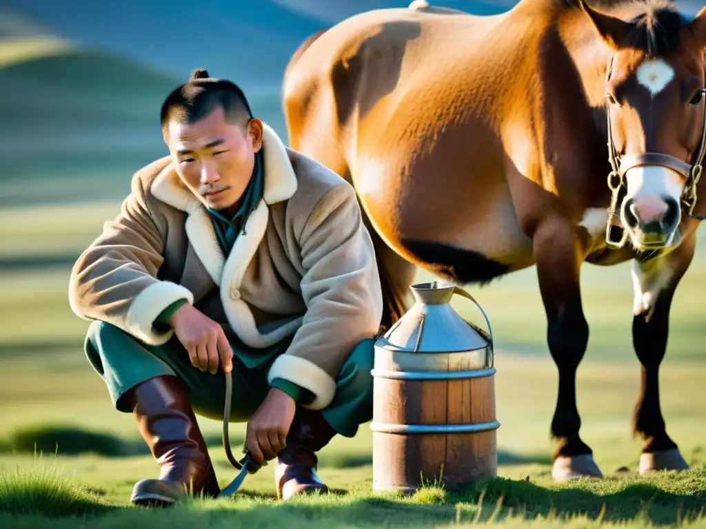 Un pastor mongol ordeñando una yegua en la estepa, produciendo la bebida nacional del Imperio Mongol