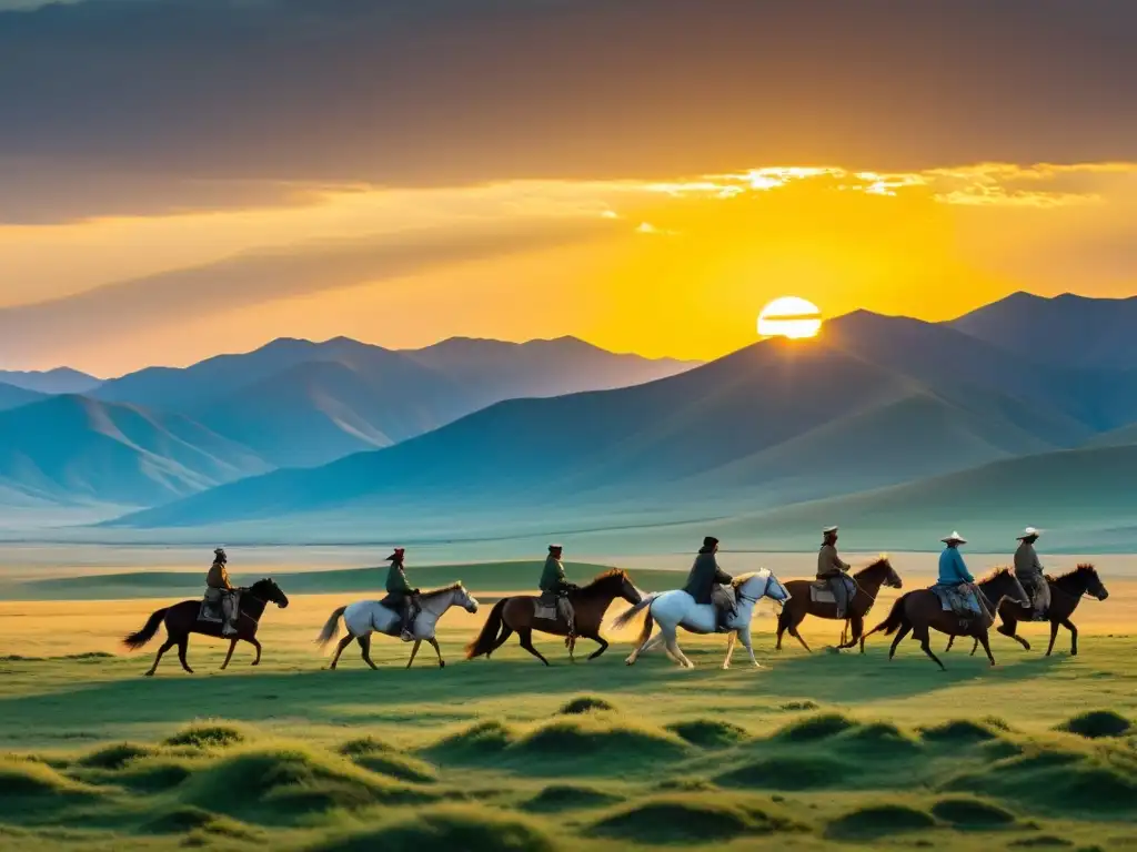 Pastor nómada cuidando caballos en la estepa mongola al atardecer, reflejando el manejo del suelo en estepas