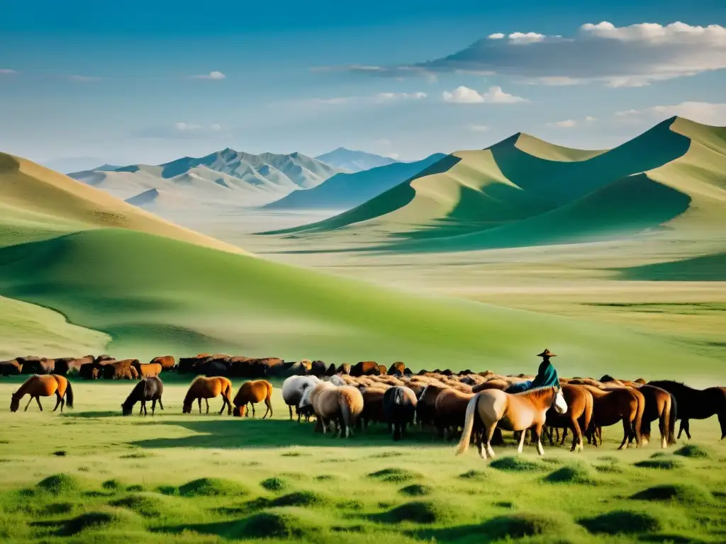 Pastor mongol en las vastas estepas: armonía natural Un pastor nómada del Imperio Mongol cuida su manada de caballos en la vasta estepa mongola, mostrando la armonía entre su gente y la naturaleza