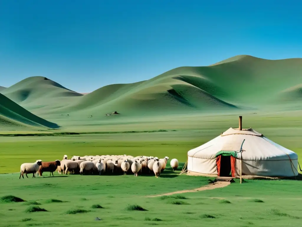 Pastor nómada cuidando su rebaño en la estepa mongol, mostrando la armonía entre la naturaleza y la agricultura del Imperio Mongol