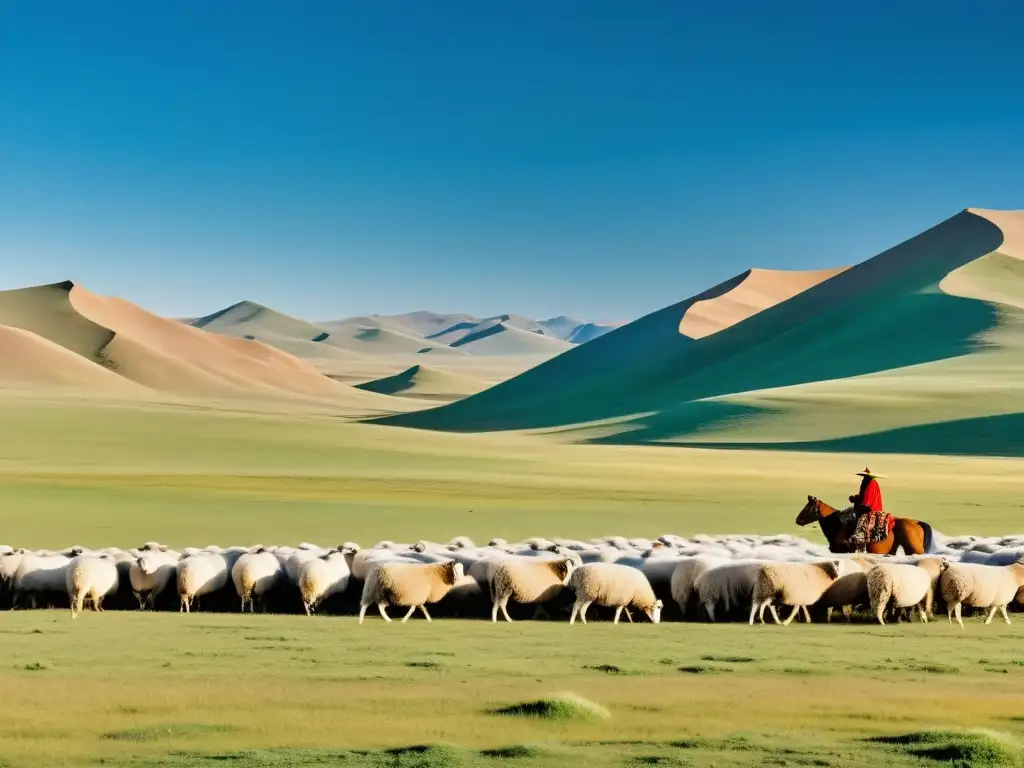 Un pastor nómada en la vasta estepa mongola con su rebaño, ilustrando la esencia atemporal de las innovaciones agrícolas del imperio mongol