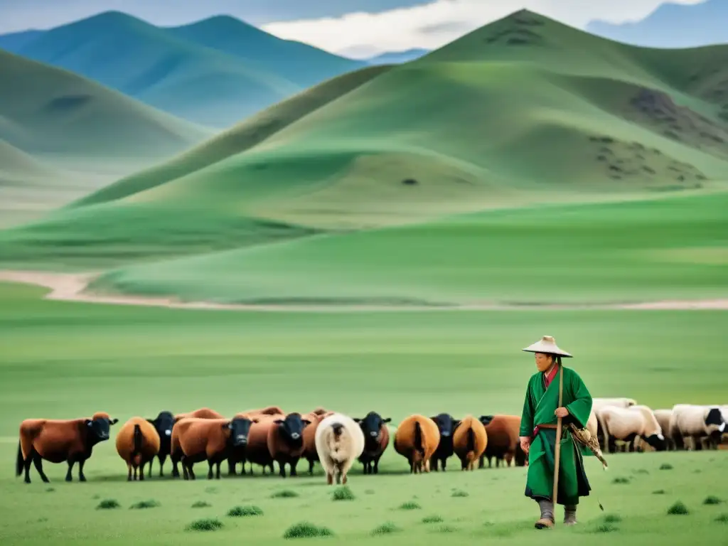 Un pastor nómada mongol cuida un prado rodeado de colinas, usando técnicas agrícolas ancestrales