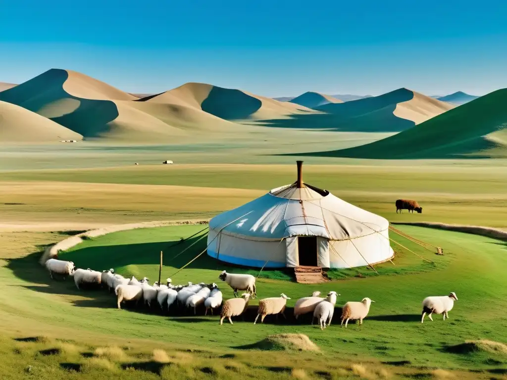 Pastor nómada cuida rebaño en la estepa mongol, con yurta y antena parabólica