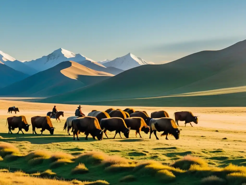 Un pastor nómada guía un rebaño de yaks en la estepa mongola al atardecer, con una yurta y montañas nevadas al fondo