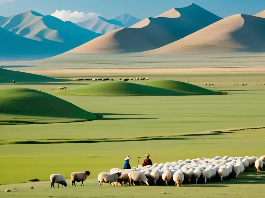 Pastor nómada cuida de su rebaño en la estepa mongol rodeado de yurtas y montañas, mostrando las innovaciones agrícolas Imperio Mongol