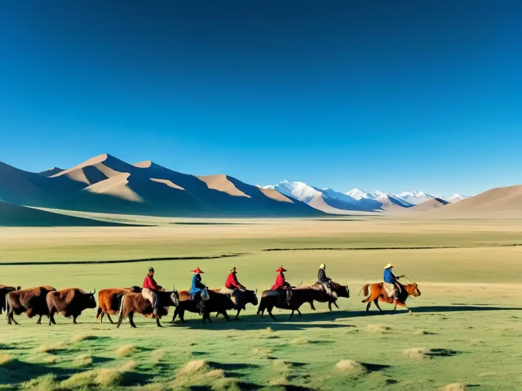 Pastor nómada lleva yaks por la estepa mongola Un pastor nómada mongol con su rebaño de yaks cruza la vasta estepa, reflejando la tradición y la cultura del cine mongol en armonía con la modernidad