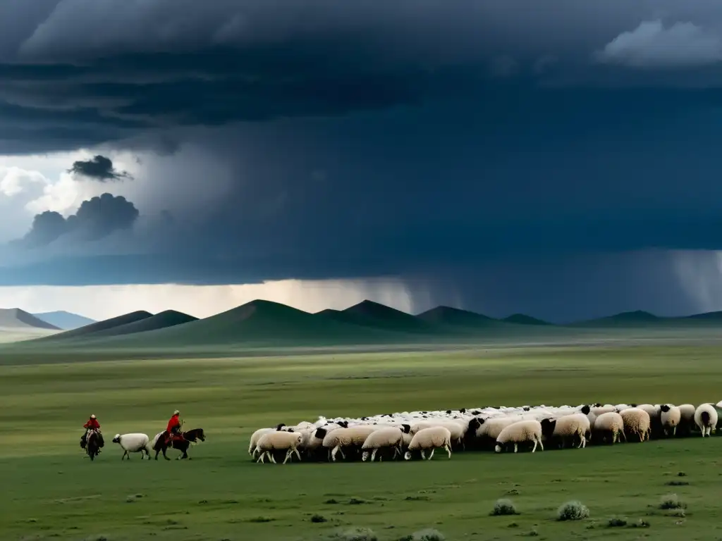 Pastores mongolas guían ovejas en la vasta estepa bajo un cielo tormentoso, ilustrando la relación entre cambio climático y expansión mongola