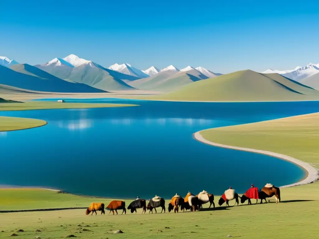 Pastores mongoles en Khövsgöl: Perla Azul Mongolia, junto a sus gers, con el lago y montañas de fondo