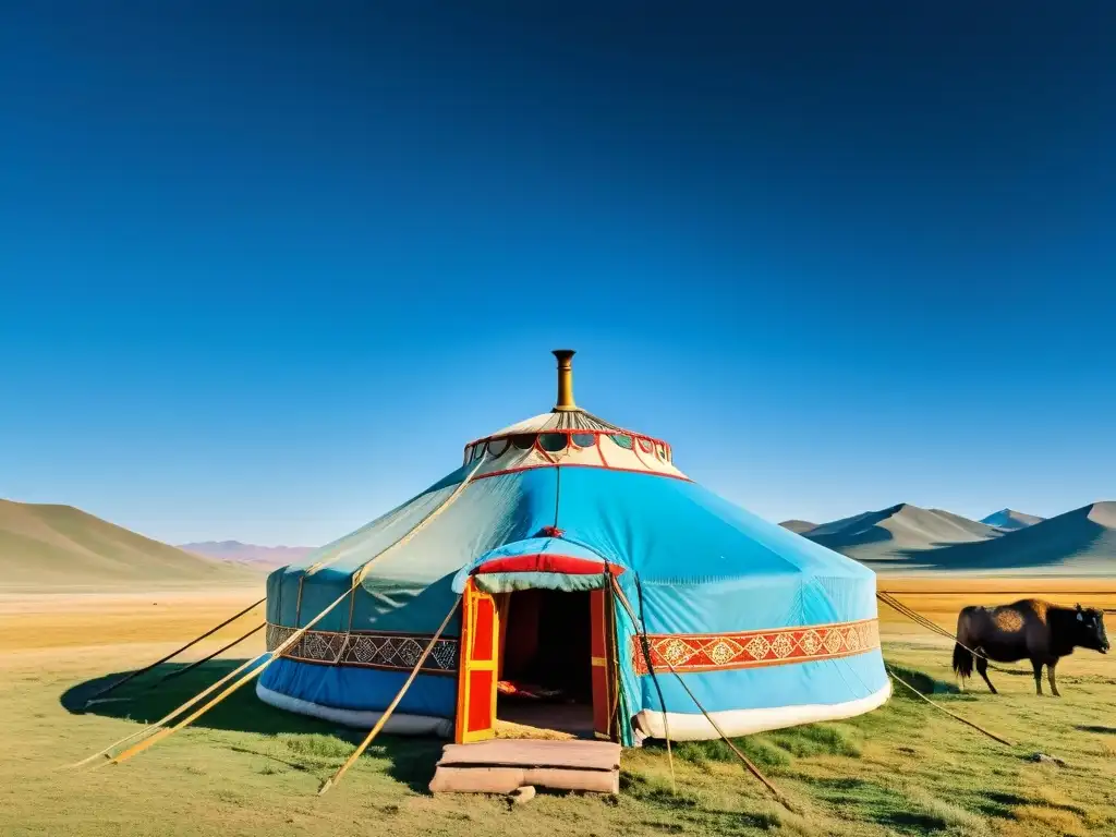 Yurta tradicional mongola en la estepa, con pastores nómadas y cielo azul