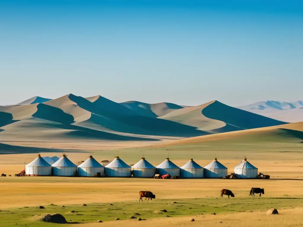 Pastores nómadas cuidando ganado en la vasta estepa mongol, con gers tradicionales y maquinaria minera