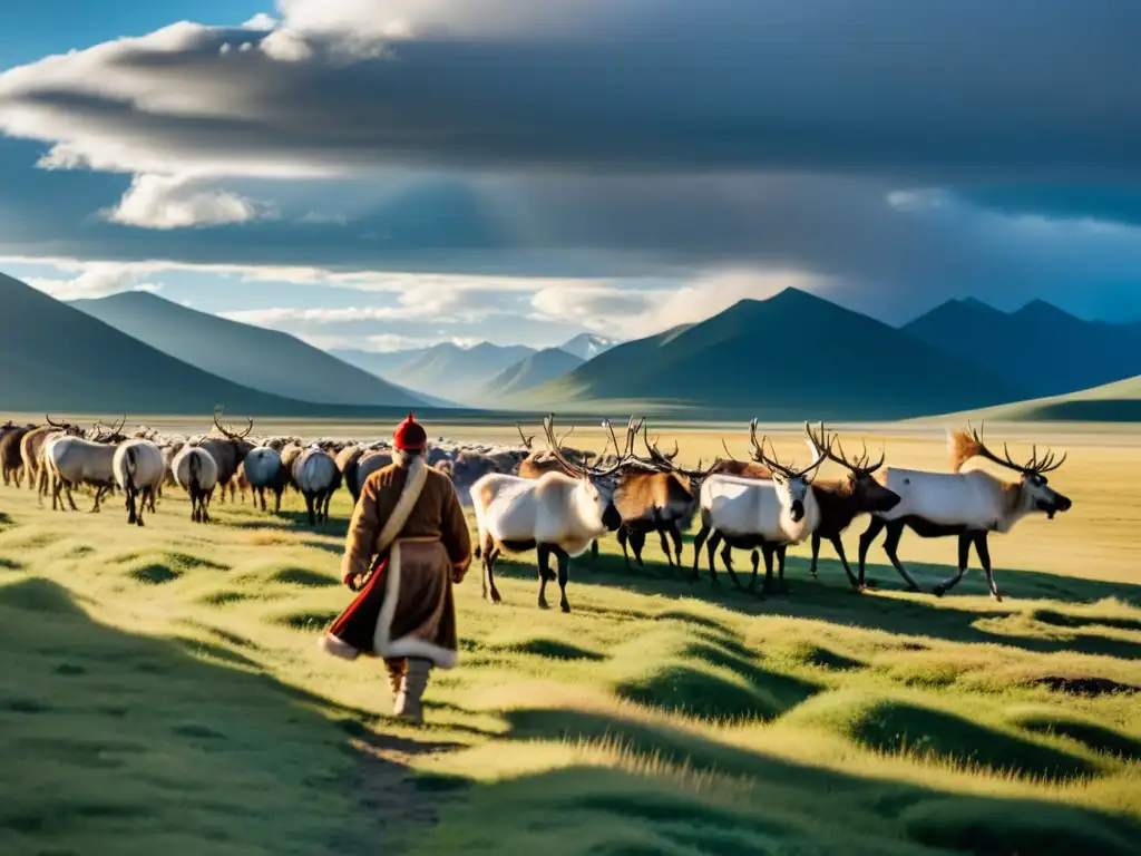 Los pastores de renos Tsaatan en Mongolia, vistiendo ropas tradicionales, pastorean con un telón de fondo de montañas