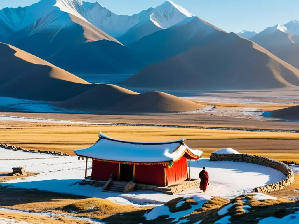 Pequeño templo budista entre montañas nevadas en Mongolia