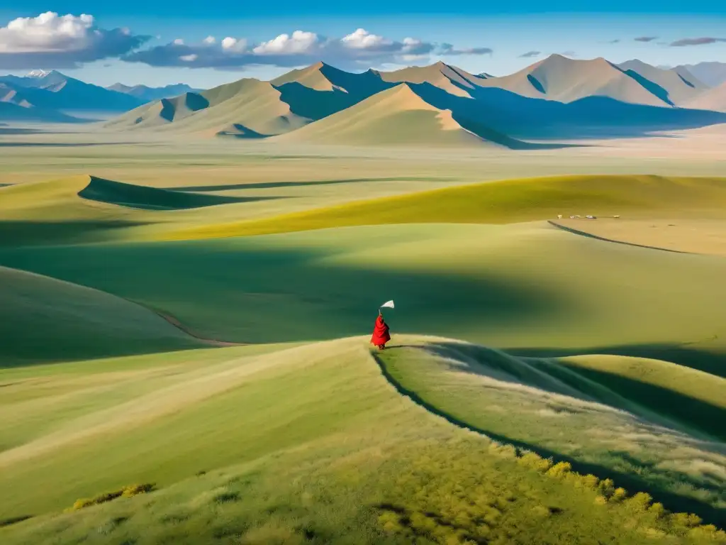 Persona con vestimenta tradicional mongola contempla paisaje, rezando por el resurgimiento budismo Mongolia postsoviético