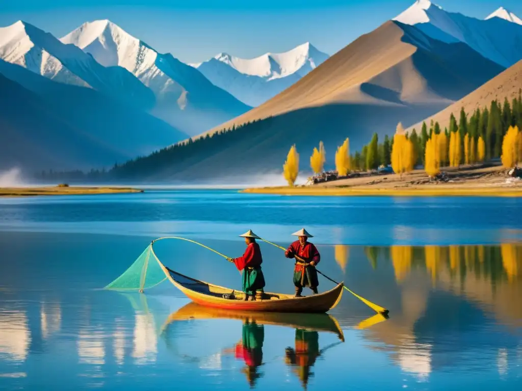 Pesca en el Imperio Mongol: Pescadores tradicionales lanzan sus redes en un lago, con montañas nevadas al fondo