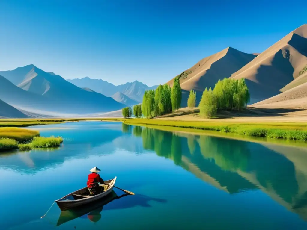 Pesca en el Imperio Mongol: río sereno con pescador solitario en bote de madera, reflejos de montañas y cielo azul