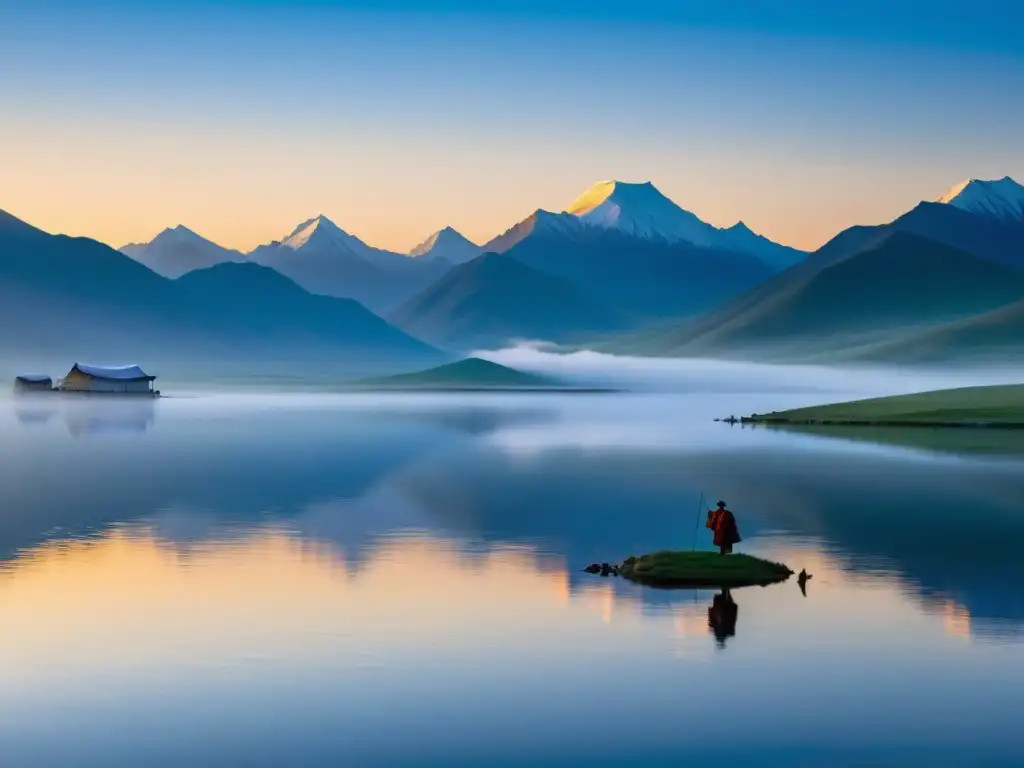 Un pescador mongol lanza su red en un lago neblinoso al amanecer, rodeado de yurtas y montañas