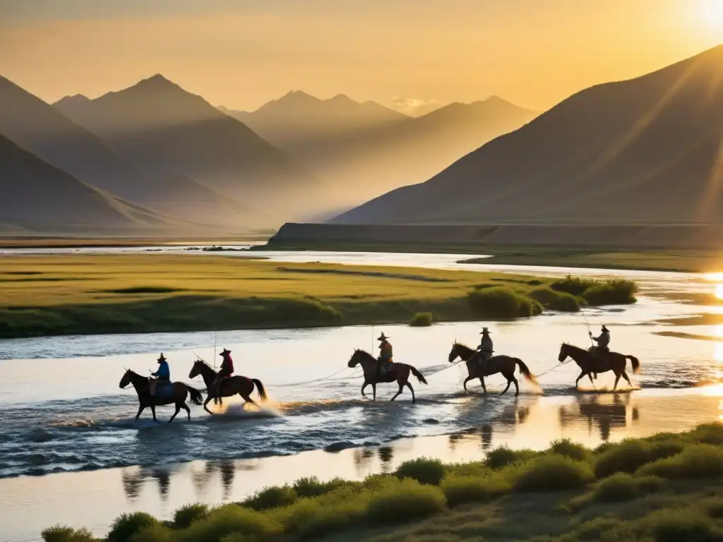 Pescadores mongolas lanzando redes al río al atardecer, rodeados de naturaleza y tradición en el Imperio Mongol