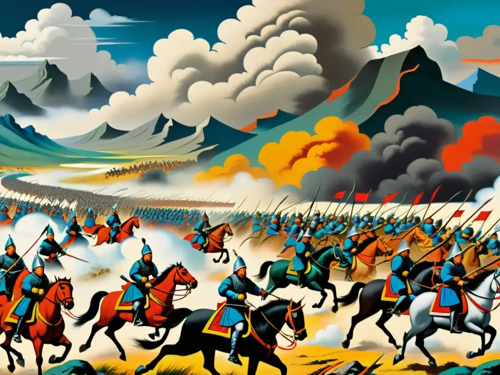 Pintura detallada de una batalla del Imperio Mongol, revelando tácticas de guerra y armamento en un caótico escenario de combate