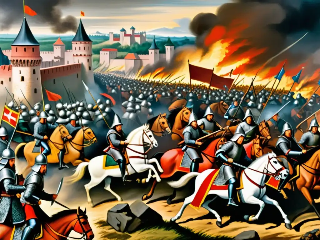 Pintura detallada de la Batalla de Legnica, muestra la resistencia de ciudades europeas contra mongoles en medio del caos de la batalla