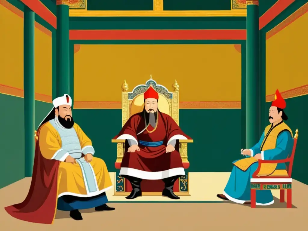 Una pintura detallada estilo documental que representa la tensa reunión entre Kublai Khan y Ariq Böke en un lujoso palacio mongol